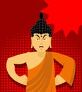 Angry Buddha in pop art style. Indian god wrathful. Supreme teacher for Buddhists. Holy man in orange robes Royalty Free Stock Photo