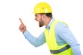 Angry builder or constructor yelling at somebody as fury concept isolated on white background with copyspace Royalty Free Stock Photo