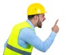 Angry builder or constructor yelling at somebody as fury concept isolated on white background with copyspace Royalty Free Stock Photo