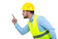 Angry builder or constructor yelling at somebody as fury concept isolated on white background with copyspace Royalty Free Stock Photo