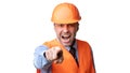 Angry Builder Shouting Pointing Finger At Camera, White Background, Panorama