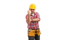 Builder showing fist as obscene gesture