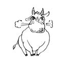 Angry bull funny. Cheerful wild animal. A comical character. Outline sketch. Hand drawing is isolated on a white