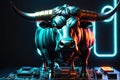 Angry Bull Mounted on a Tech-Style Circuit Board: Front View, Horns Poised and Ready to Charge