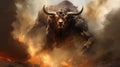 Angry Bull Running Through Flame And Smoke - Detailed Illustration