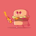 Angry burger holding condiments bottles vector illustration.