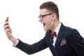 Angry business man screaming on cell mobile phone, portrait of y Royalty Free Stock Photo