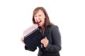 Angry business woman biting laptop Royalty Free Stock Photo