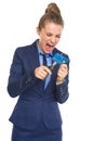 Angry business woman cutting credit card with scissors Royalty Free Stock Photo