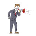 Angry Businessman Character Yell to Megaphone. Annoyed Man Shouting to Loudspeaker. Boss Hurry Employees in Deadline Royalty Free Stock Photo