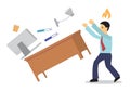 Angry businessman flips his working desk. Concept of bad anger management