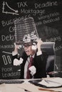 Angry businessman hold rubbish bin in class Royalty Free Stock Photo