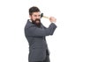 Angry businessman holding hammer studio. Businessman shouting in anger. Business problem Royalty Free Stock Photo