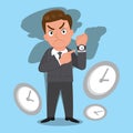 Angry businessman pointing watch asking punctuality wants be time