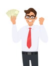 Angry businessman showing cash, money and making raised hand fist gesture sign. Frustrated person holding currency notes. Royalty Free Stock Photo