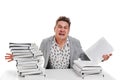 Angry businessman with stack of papers. on white backgr Royalty Free Stock Photo