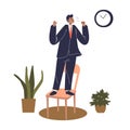 Angry businessman standing on chair and shouting. Furious cartoon business man