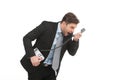 Angry businessman yelling into landline phone on white. Royalty Free Stock Photo