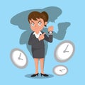 Angry businesswoman pointing watch asking punctuality wants be time