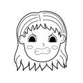 Angry girl face in black and white. Little annoyed kid outline clipart. Mad person emotion