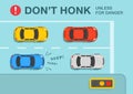Angry car driver is honking horn for no reason at traffic light. Top view of a city road. Don`t nok unless for danger. Royalty Free Stock Photo