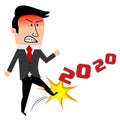 Angry Cartoon businessman kicking year 2020 isolated vector illustration. financial business disaster Concept