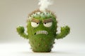 Angry cartoon cactus with steam coming out, grumpy face, expressive eyebrows, and spines on a neutral background. Royalty Free Stock Photo