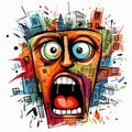 Colorful Expressionism Cartoon Head Drawing On City Background