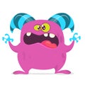 Angry cartoon monster with big mouth. Vector pink monster illustration. Halloween characters design.