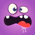 Angry cartoon monster face avatar. Vector Halloween purple monster with saliva on his face.