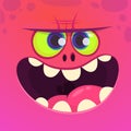 Angry cartoon monster face with big smile. Vector Halloween pink monster character. Royalty Free Stock Photo