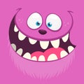 Angry cartoon monster face with a big smile. Vector Halloween pink monster illustration.