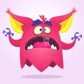 Angry cartoon monster pink with big ears. Vector illustration