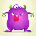 Angry cartoon monster showing tongue. Vector illustration of purple monster character for Halloween.