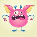 Angry cartoon monster. Vector furry pink monster character on tiny legs and big ears. Halloween design Royalty Free Stock Photo