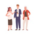 Angry cartoon people standing and look in smartphone vector flat illustration. Displeased cartoon girl businessman and