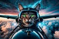 Angry cat aviator soaring in airplane open cockpit