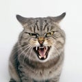 Angry cat, the cat is angry, bares its teeth, hisses, isolated on a white background