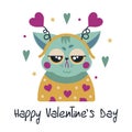 Angry cat in a headband with hearts. Green grumpy kitten congratulates you on Valentines Day. Sad pet in bright clothes