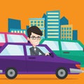 Angry caucasian man in car stuck in traffic jam. Royalty Free Stock Photo