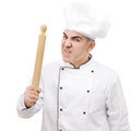 Angry chef with rolling pin isolated on white background Royalty Free Stock Photo