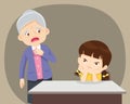 Angry child sitting with elderly have look worry