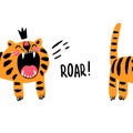 Angry childish orange tiger character roar inscription horizontal background vector flat illustration