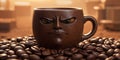 Angry coffee mug sits on coffee bean pile in still life photography artwork Royalty Free Stock Photo