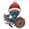 Angry comic cartoon cyborg octopus at Christmas with Santa Claus hat, glasses, mask with a war ax and shield on his robotic Royalty Free Stock Photo