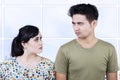 Angry couple close-up expression at apartment Royalty Free Stock Photo