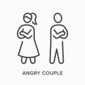 Angry couple flat line icon. Vector outline illustration of men and woman. Black thin linear pictogram for family
