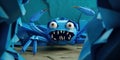 Angry crab threatens with claws while standing in a hole in blue paper, concept of Aggressive behavior, created with