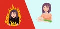Angry and cute beautiful girl. Furious wicked woman blazing fire happy smiling with flowers stylish hairstyle.