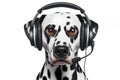 angry dalmatian dog with bulging big eyes in headphones and working in a call center on white background. ai generative